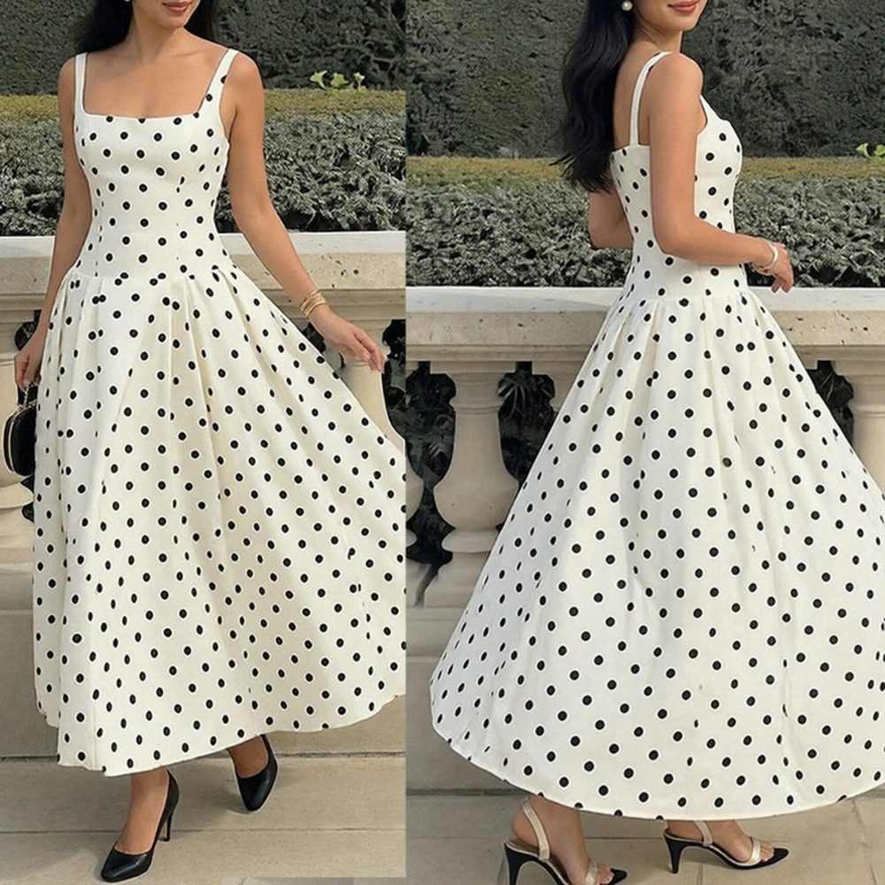 H&M Elegant Spaghetti Strap Polka Dot French Vintage Maxi Dress